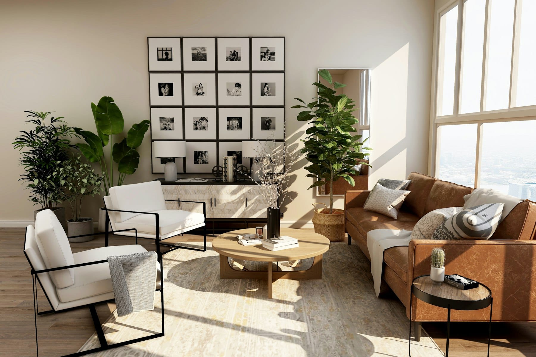 Loft-Wohnzimmer mit Ledersofa und Bilderwand
