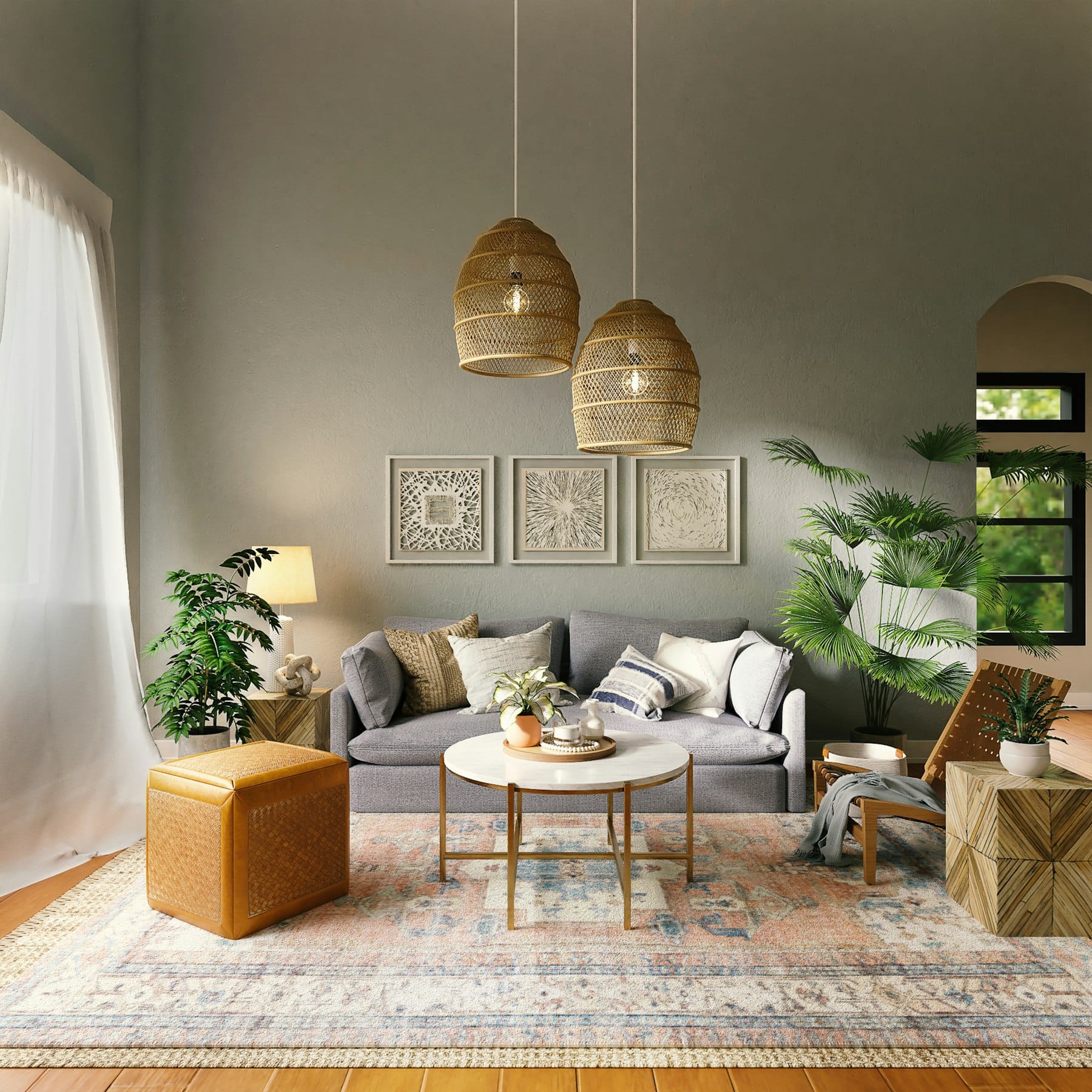 Salbeifarbenes Wohnzimmer mit Rattan-Pendelleuchten und kuratierter Kunst