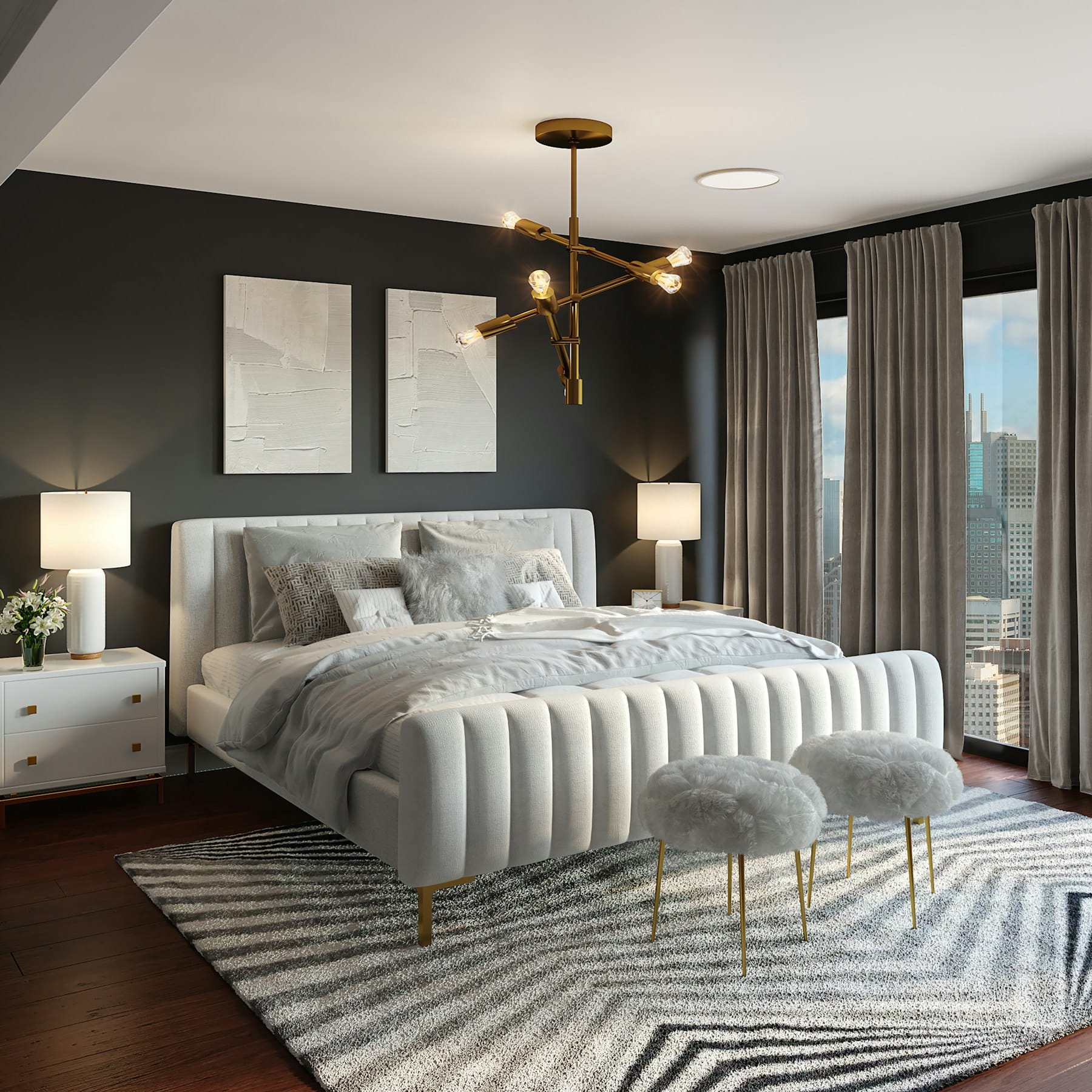 Schlafzimmer mit skulpturaler Pendelleuchte und Blick über die Stadt