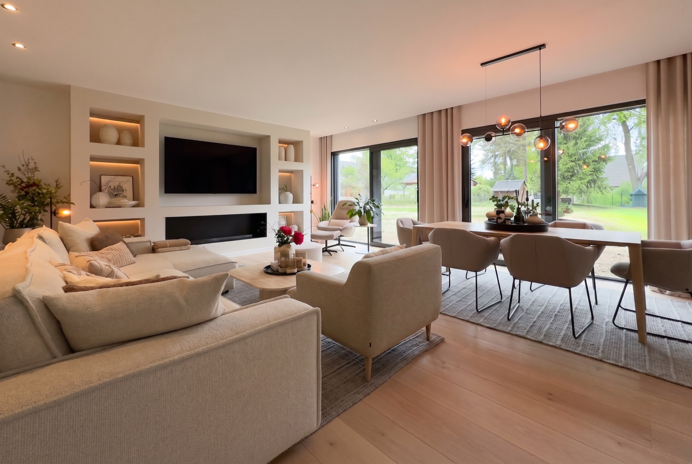 Wohnzimmer mit Marmorkamin, Kassettendecke und sanfter Naturpalette