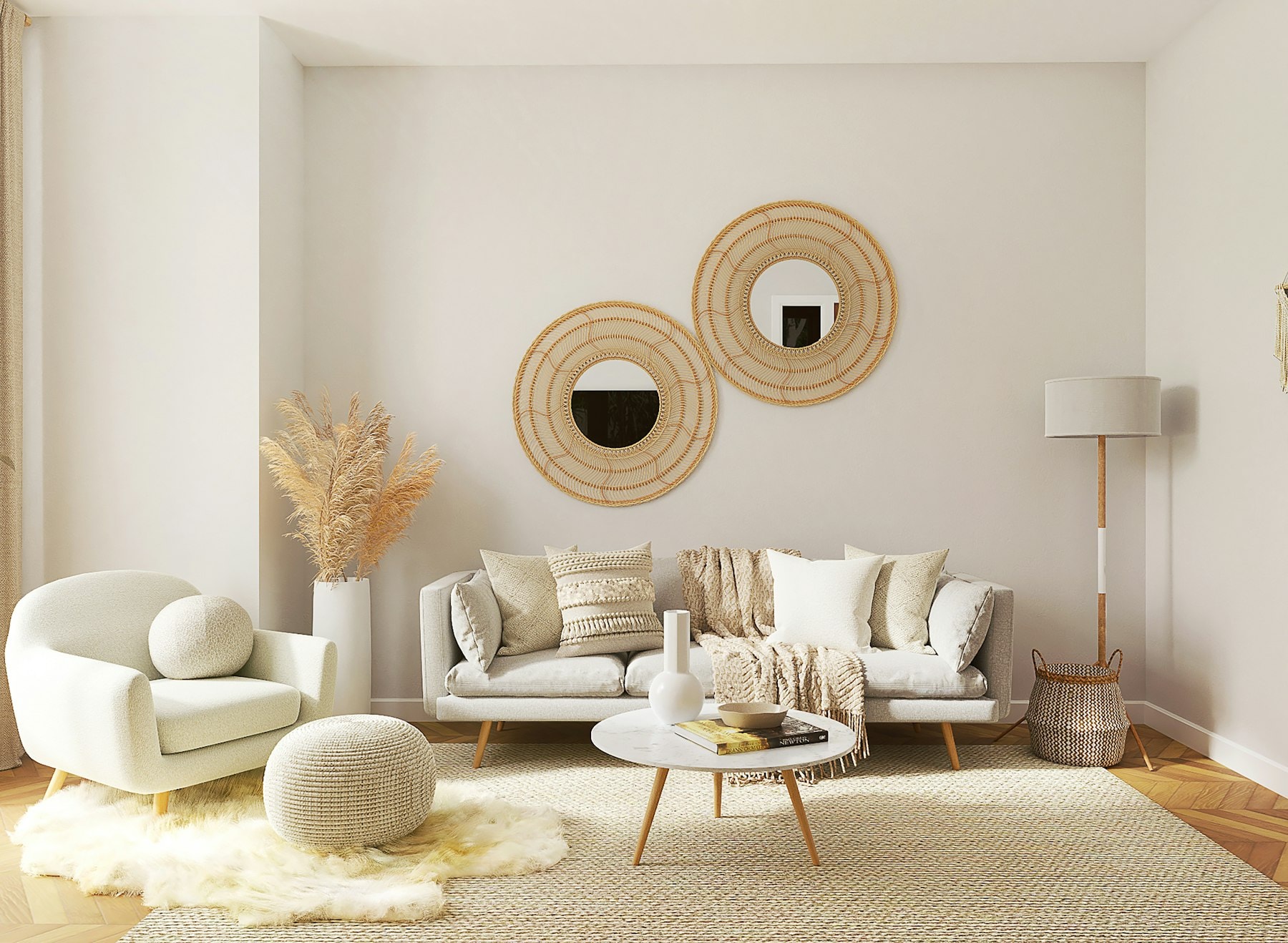 Warmes Bouclé-Wohnzimmer in geschichteten Creme- und Sandtönen